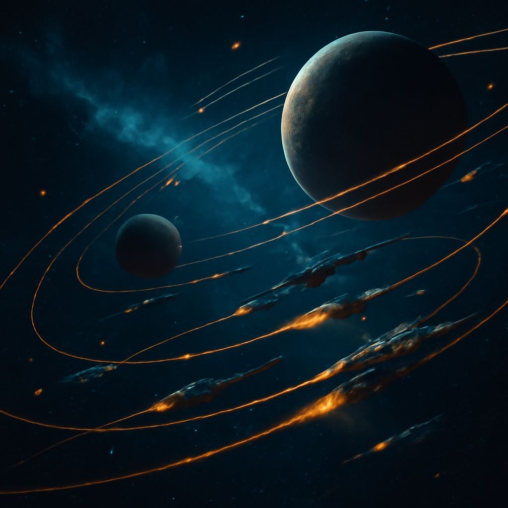 Illustration von mehreren Flottenrouten um inaktive Planeten in einem Sternensystem