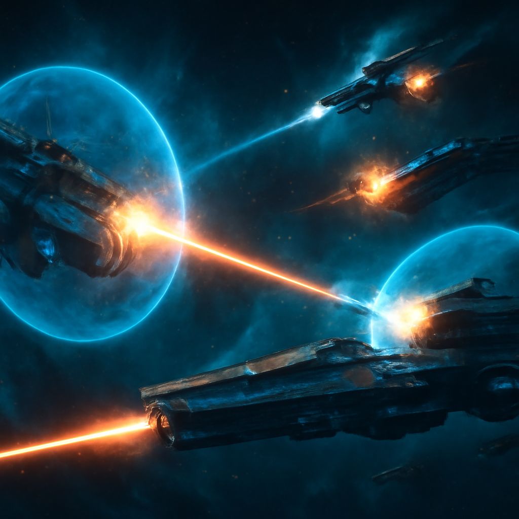 epische Weltraumschlacht mit futuristischen Raumschiffen, leuchtenden Energiewaffen, Schilden und Explosionen vor dunklem Sternenhintergrund