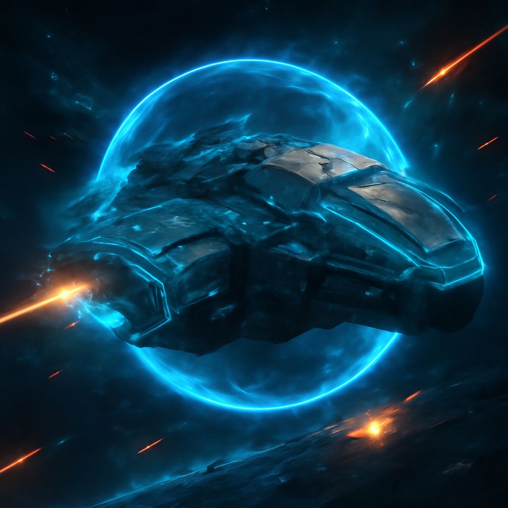 futuristisches Raumschiff mit leuchtenden Schilden und Panzerung im Weltraumkampf