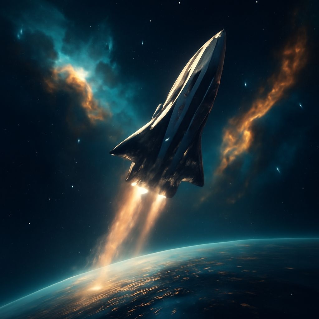 Kolonieschiff startet von einem futuristischen Planeten im tiefen Weltraum mit leuchtenden Nebeln