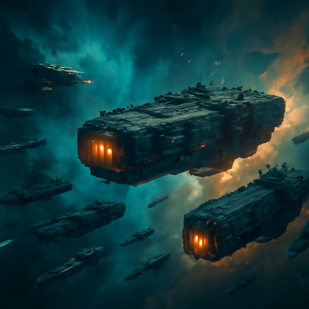 Kolonial-Konvoi mit Begleitschiffen reist durch leuchtende Weltraumnebel
