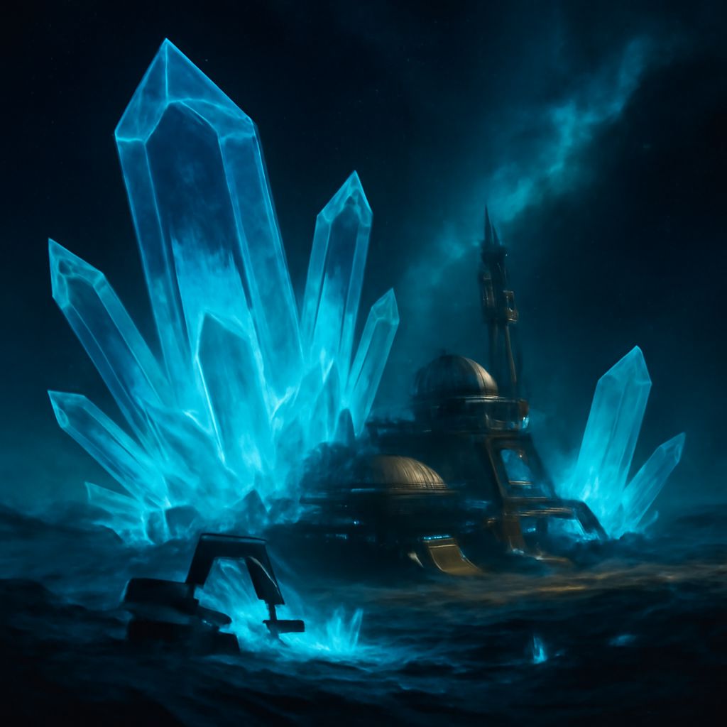 Futuristische Kristallmine auf einem kargen Planeten, leuchtende blaue Kristallstrukturen vor dunklem Weltraumhintergrund