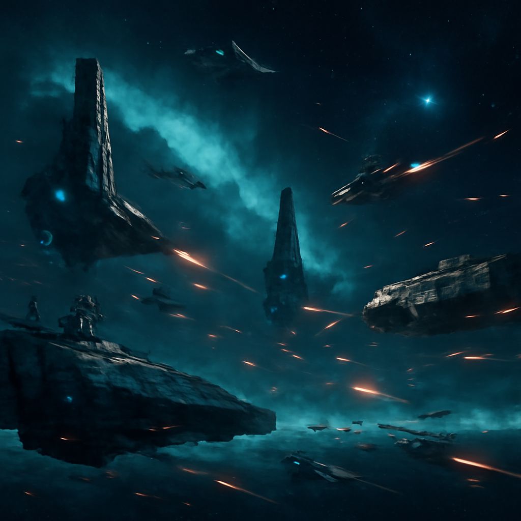 epische Weltraumschlacht mit kooperierenden Allianzen und Lichteffekten