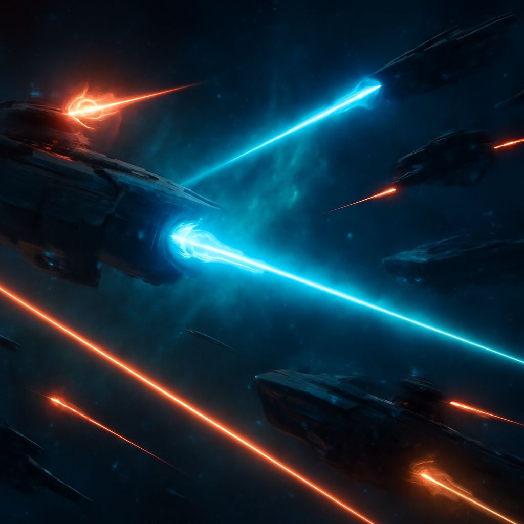 epische Weltraumschlacht mit Laser-, Ionen- und Plasmakanonen vor dunklem Weltraumhintergrund