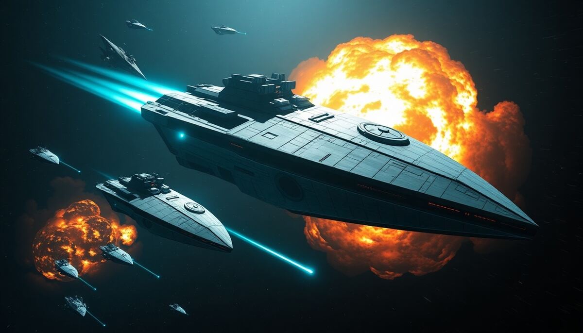 Death Star RIP fleet in deep navy space with teal plasma glow and orange explosion aftermath
