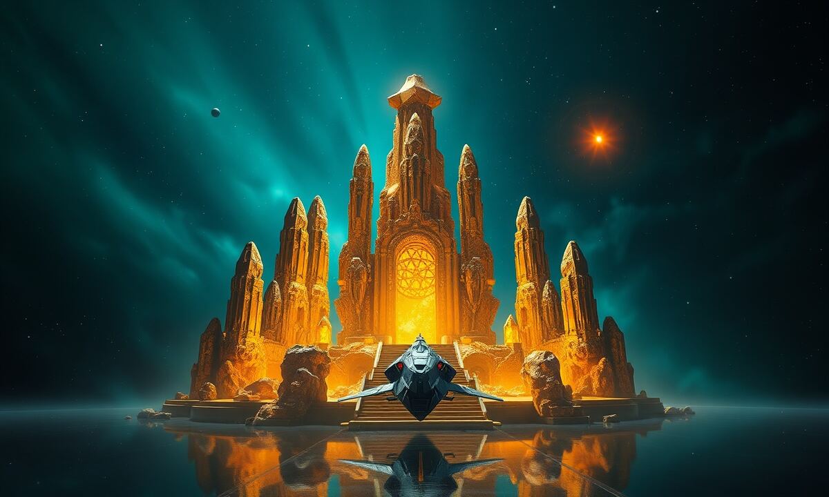 Admiral's flagship approaching a cosmic throne in deep navy space with teal aurora and orange star