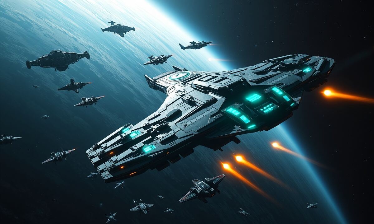 Alliance fleet docking at a mega space station with teal energy shields and orange solar flares