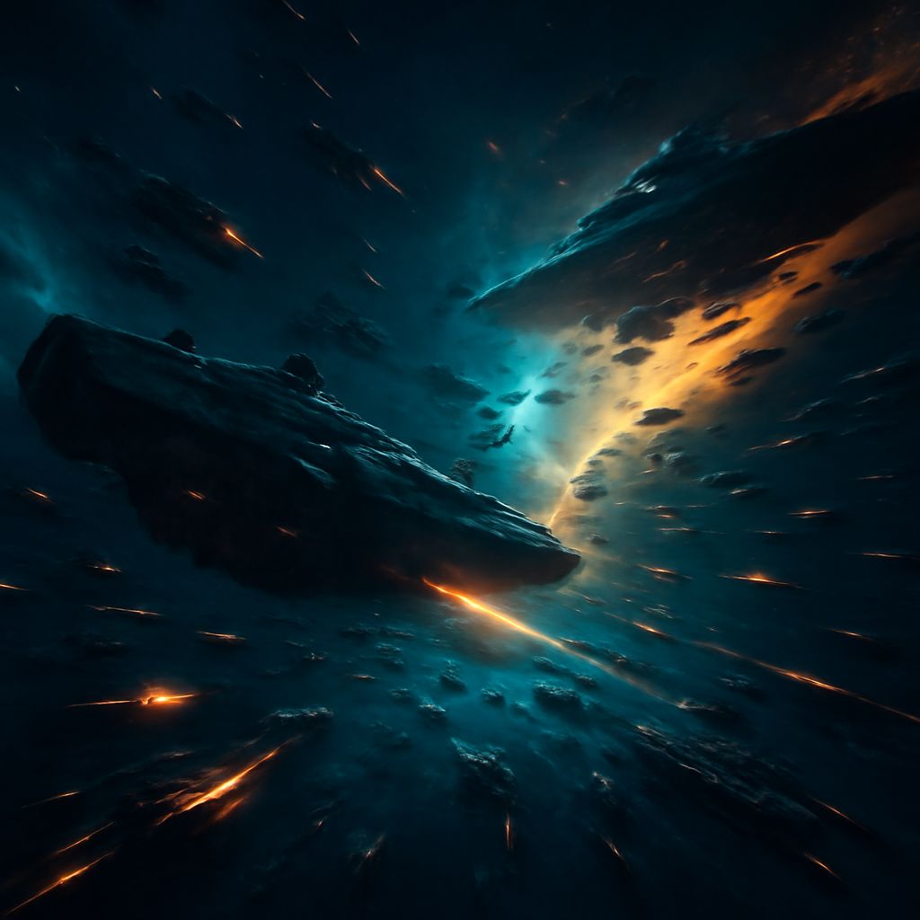 epische Weltraumschlacht mit riesigen Flotten vor einem Nebelhintergrund in OGame-Stil