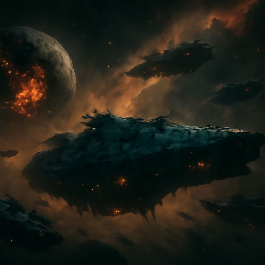 Nachspiel einer epischen Weltraumschlacht mit zerstörten Schiffen