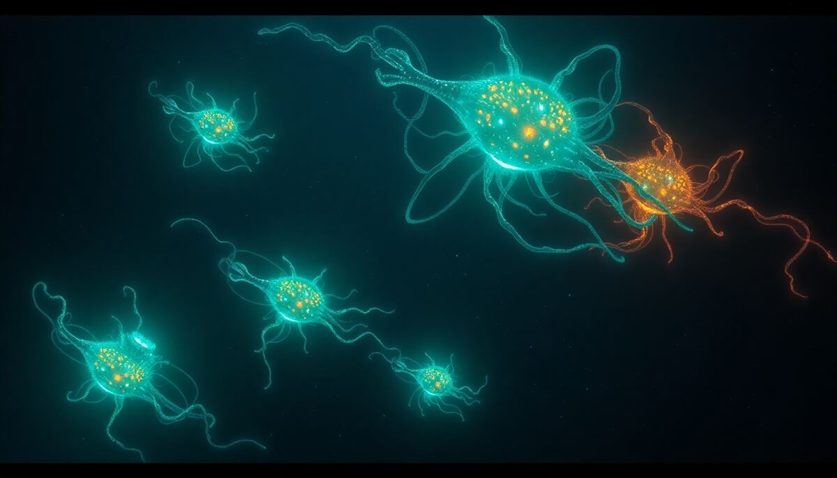 Four alien lifeform species radiating bioluminescent energy in deep space