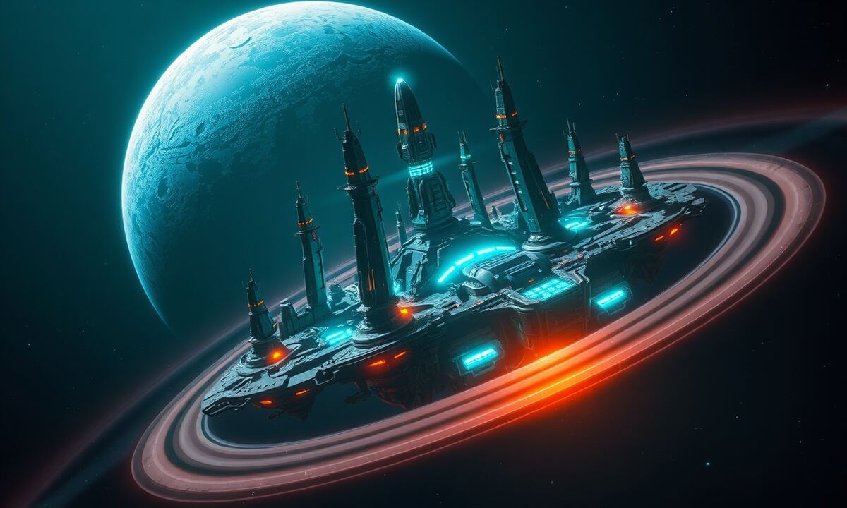 Alien megastructures and bioluminescent towers in a space colony orbiting a ringed gas giant