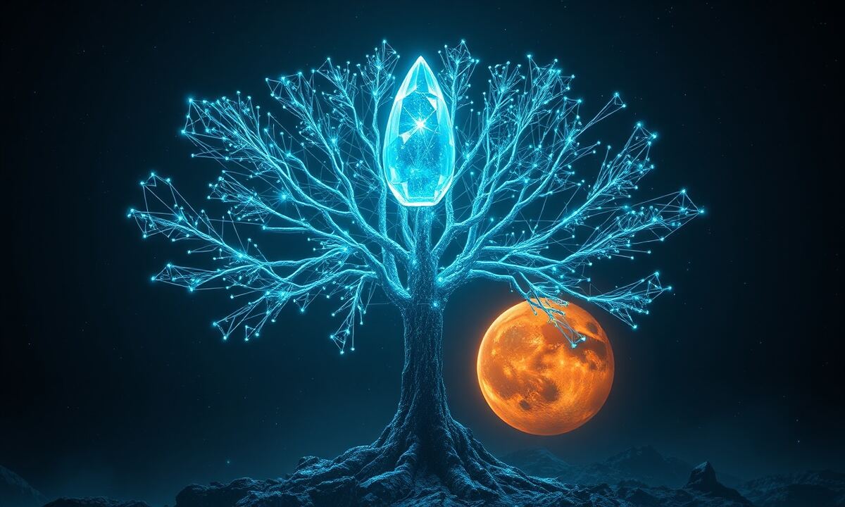 Holographic lifeform technology tree branching from an alien crystal core in deep space