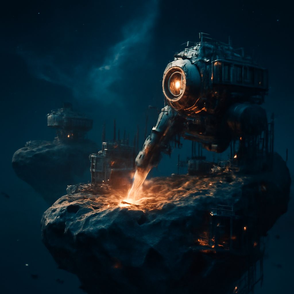 Epische Sci-Fi Darstellung einer futuristischen Asteroiden-Metallmine mit großen Maschinen vor Weltraumkulisse