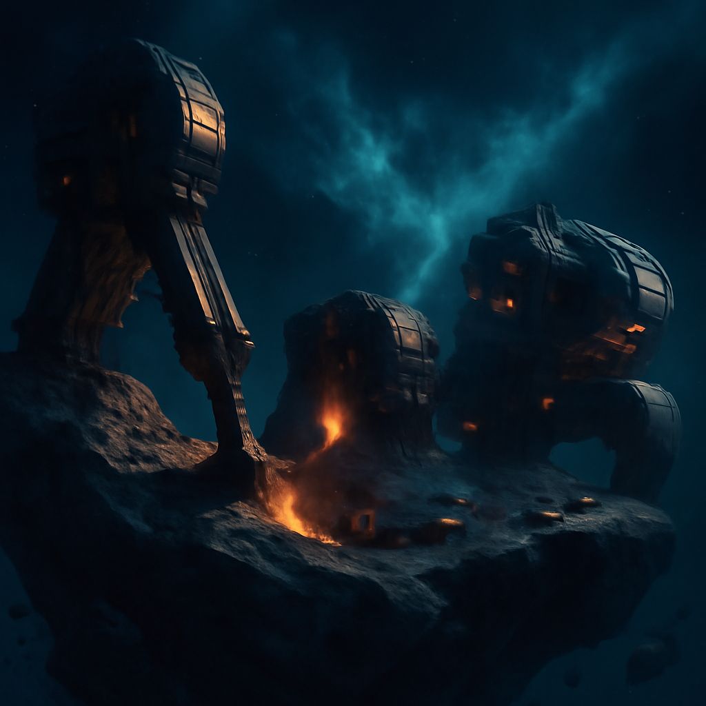 Epische Sci-Fi Darstellung einer futuristischen Asteroiden-Metallmine mit großen Maschinen vor Weltraumkulisse