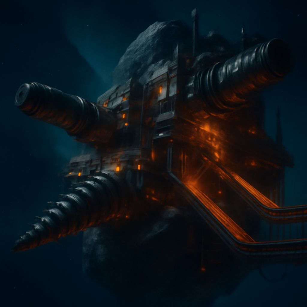 Futuristische Bergbaustation im All mit großen Förderanlagen vor einem tiefen, nebligen Weltraumhintergrund