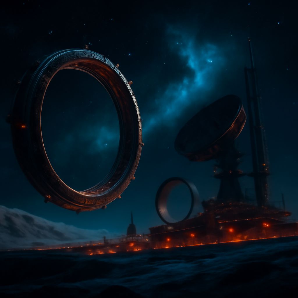 Epische Weltraumkunst einer Mondbasis mit großen Sprungtoren und Sensorarrays vor dunklem Weltraum und leuchtender Nebelwolke