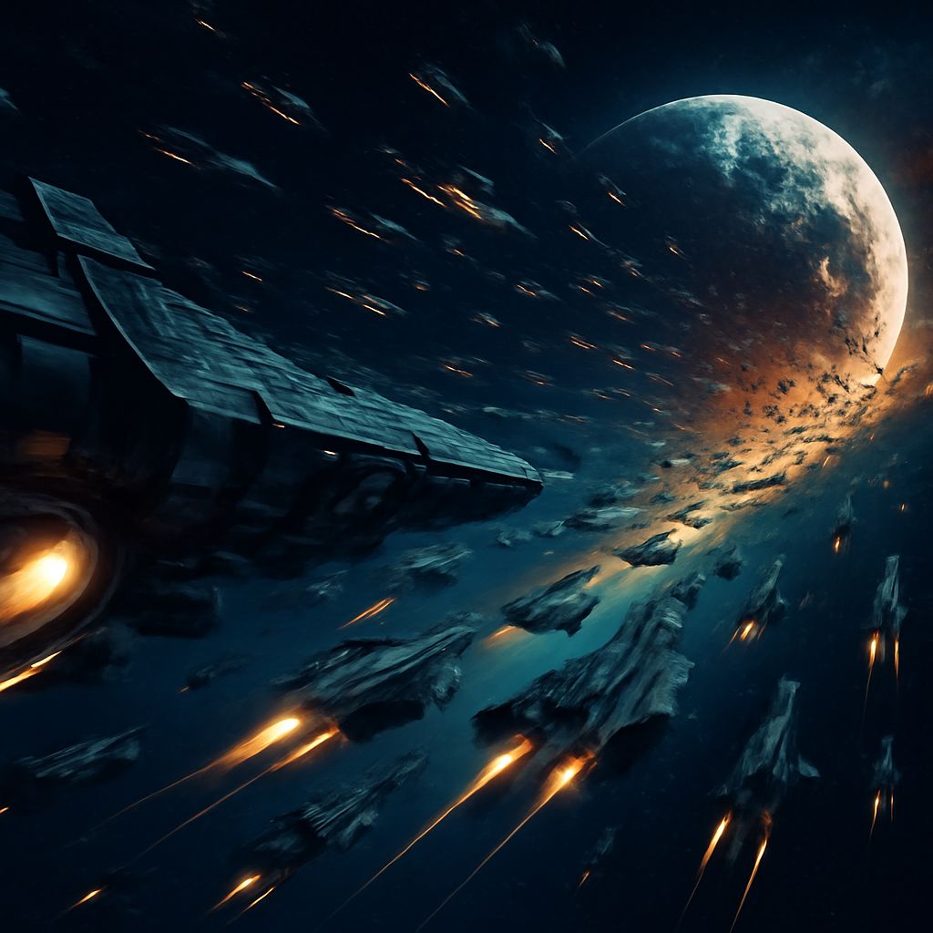 Epische Weltraumschlacht mit Flotte im OGame-Mondschuss, dunkler Weltraumhintergrund mit Nebel