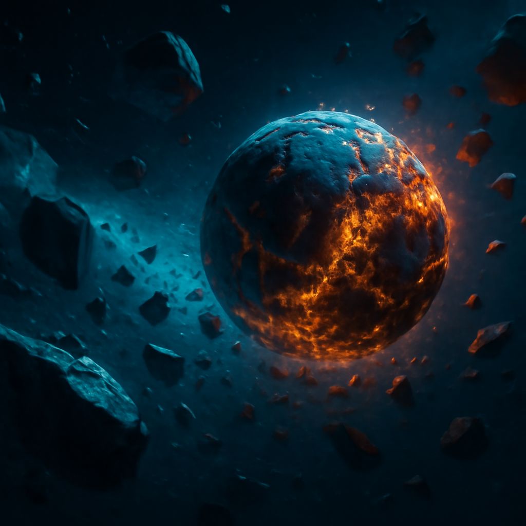 Trümmerfeld und zerstörter Planet im Weltraum mit Sci-Fi-Lichteffekten
