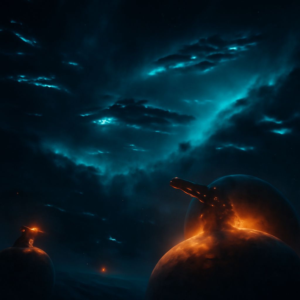 Sci-Fi Szene einer Nachtflotte im OGame mit ruhenden Schiffen und Verteidigungsanlagen auf Planeten