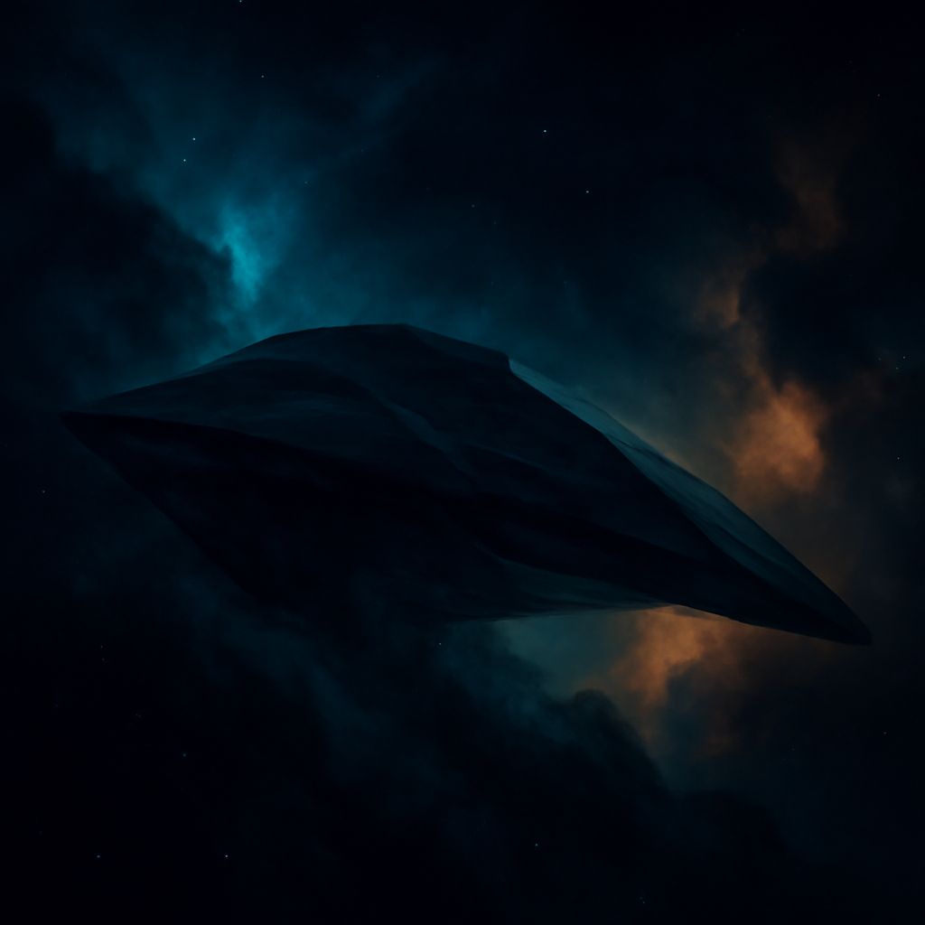 Ein düster getarntes Raumschiff lauert im orange-türkis schimmernden Nebel des Weltraums
