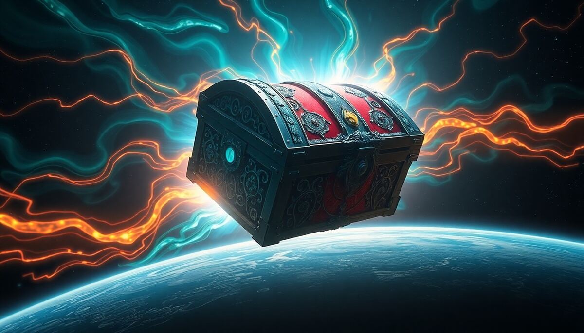 Glowing treasure chest orbiting a planet with teal and orange energy streams in deep space