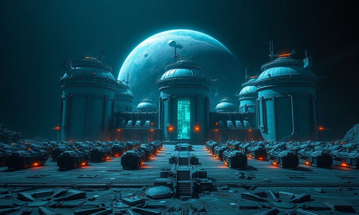 Fortified planetary storage facility with defense turrets