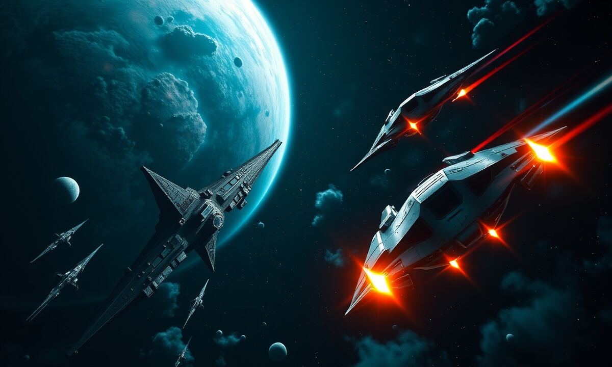 Zwei Raumschiff-Flotten im Weltraumkampf vor einer futuristischen Raumstation mit einem tiefen navy-blauen Hintergrund und leuchtenden Nebeln