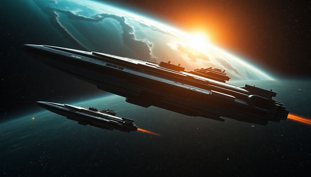 Crew von Weltraum-Entdeckern in einem futuristischen Kontrollraum mit navy-blauem Hintergrund und leuchtenden Nebeln