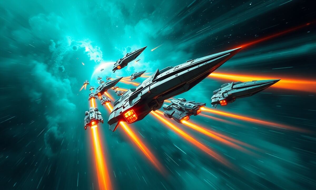 Futuristische Kontrollpaneele und holografische Galaxiekarten auf navy-blauem Weltraumhintergrund