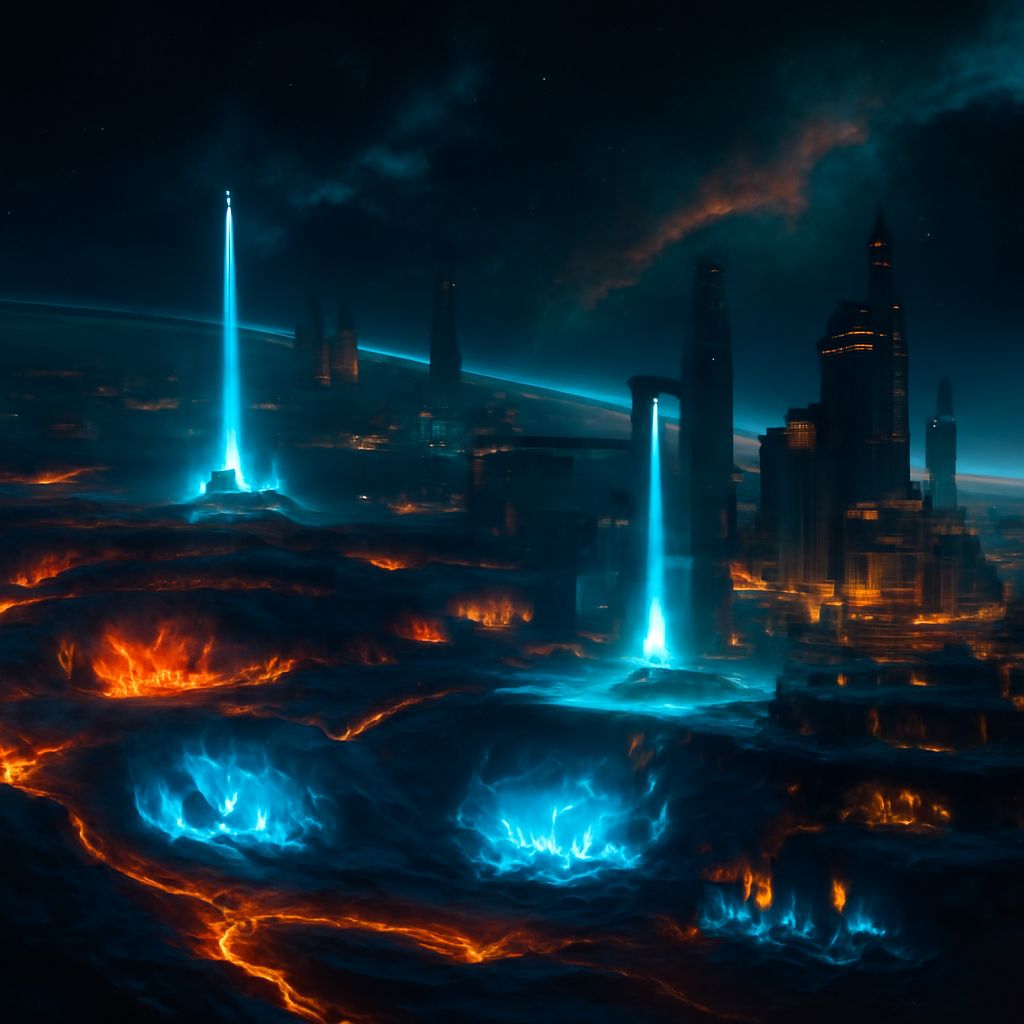 Futuristische Weltraum-Minenkolonie mit leuchtenden Metall- und Kristallminen und Plasmatechnik im Hintergrund