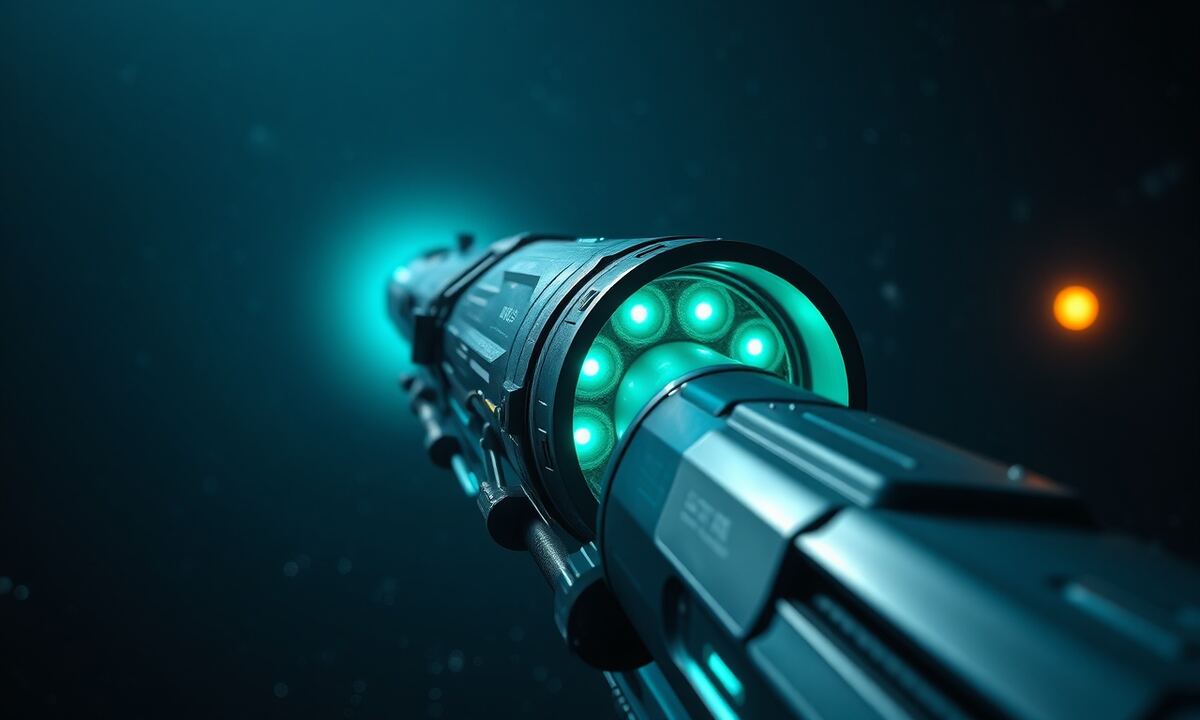 Technische schematische Darstellung eines Sci-Fi-Raumschiffs mit hervorgehobenen Waffensystemen