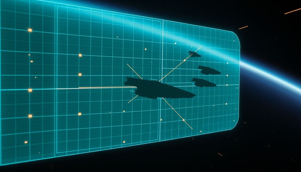 Nahaufnahme eines Sci-Fi-Kampfrechners mit Rapidfire-Statistiken auf dunklem Hintergrund