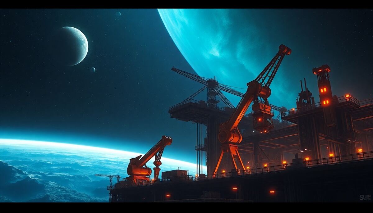 Mid-scale planetary construction facility with glowing robotic arms assembling metal superstructures under a nebula sky