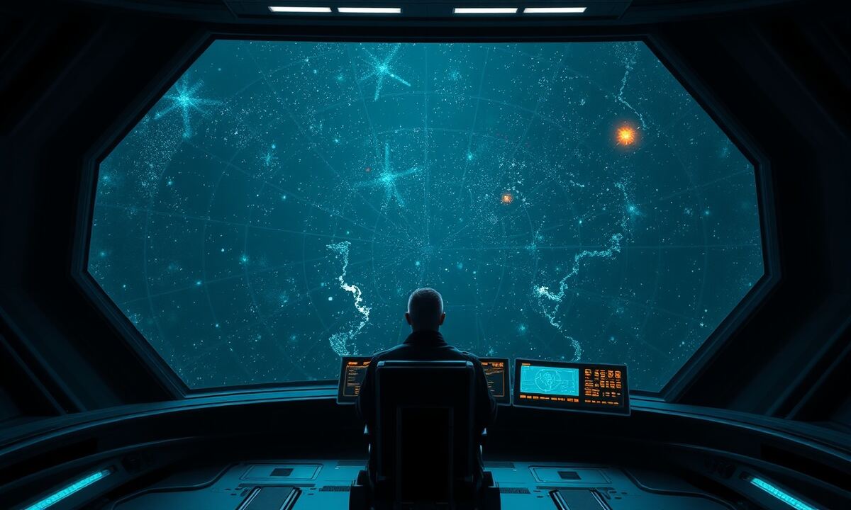 Space commander monitoring fleets of different speeds on a holographic star map