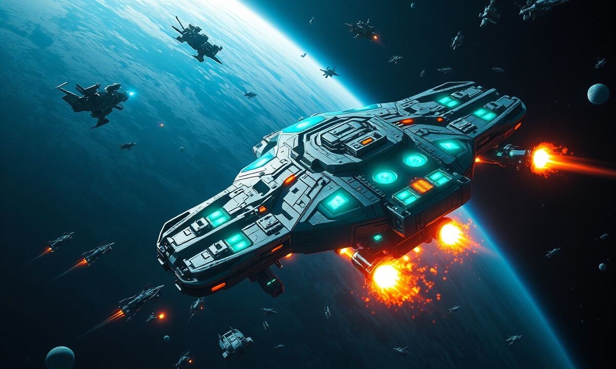 Weltraumschlacht um Ressourcenspeicher mit Explosionen im Hintergrund