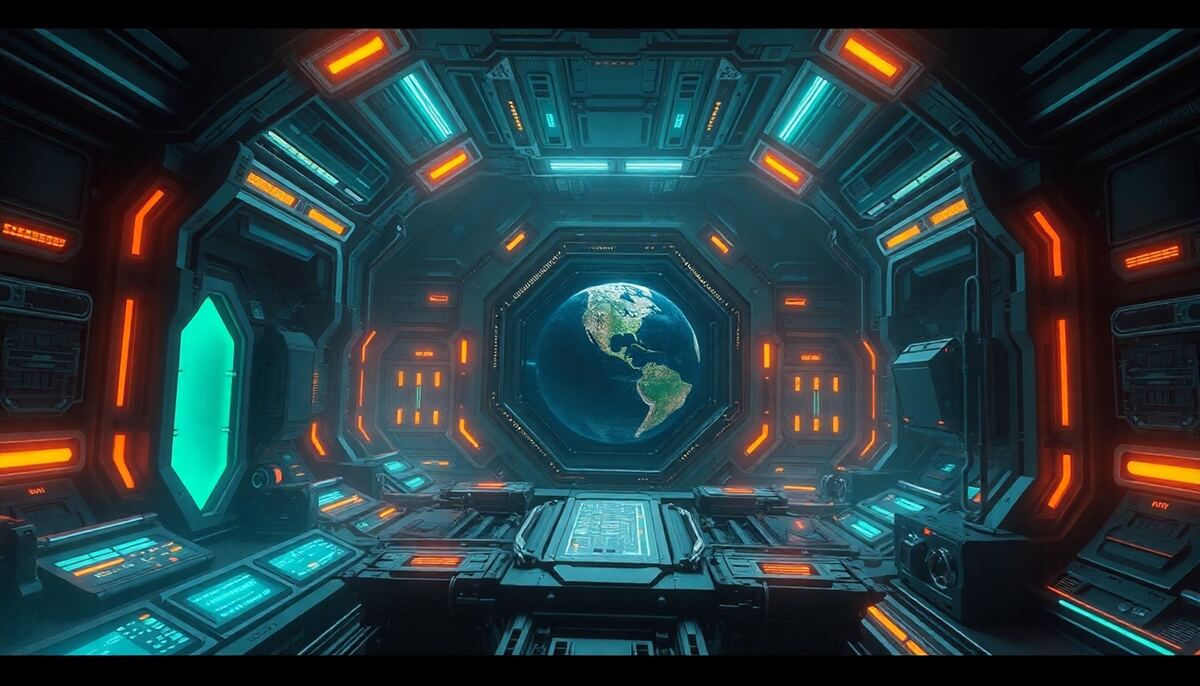 Futuristic terraformer device interior with glowing power cores and energy conduits