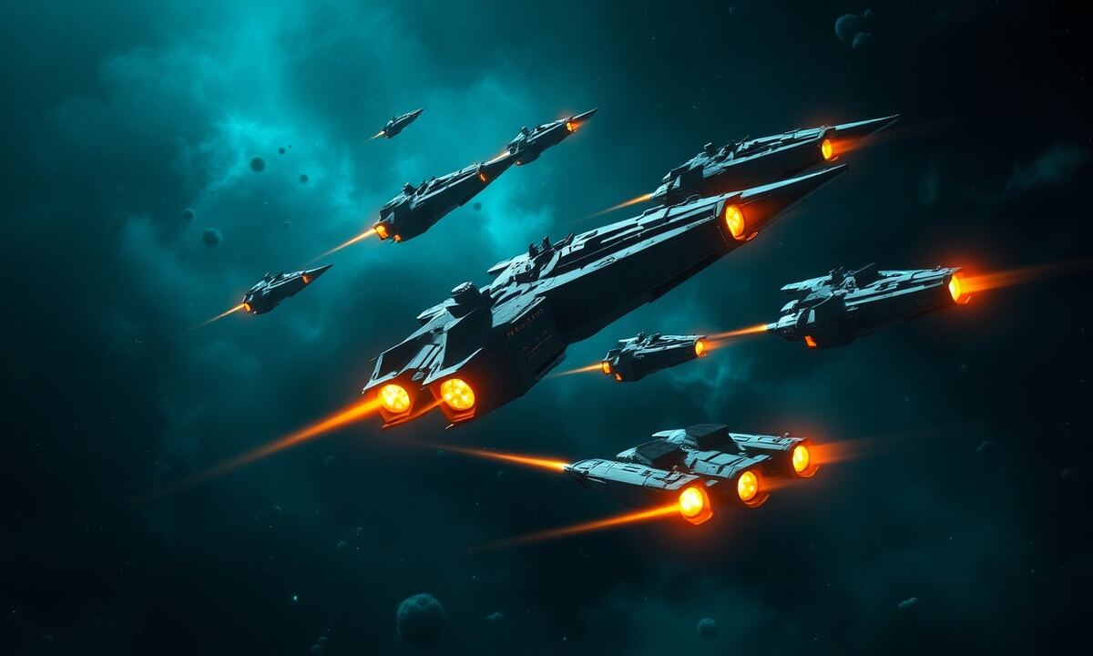 Weltraumschlacht mit taktischen Flottenmanövern vor dunklem Weltraumhintergrund mit türkisen und orangen Nebeln