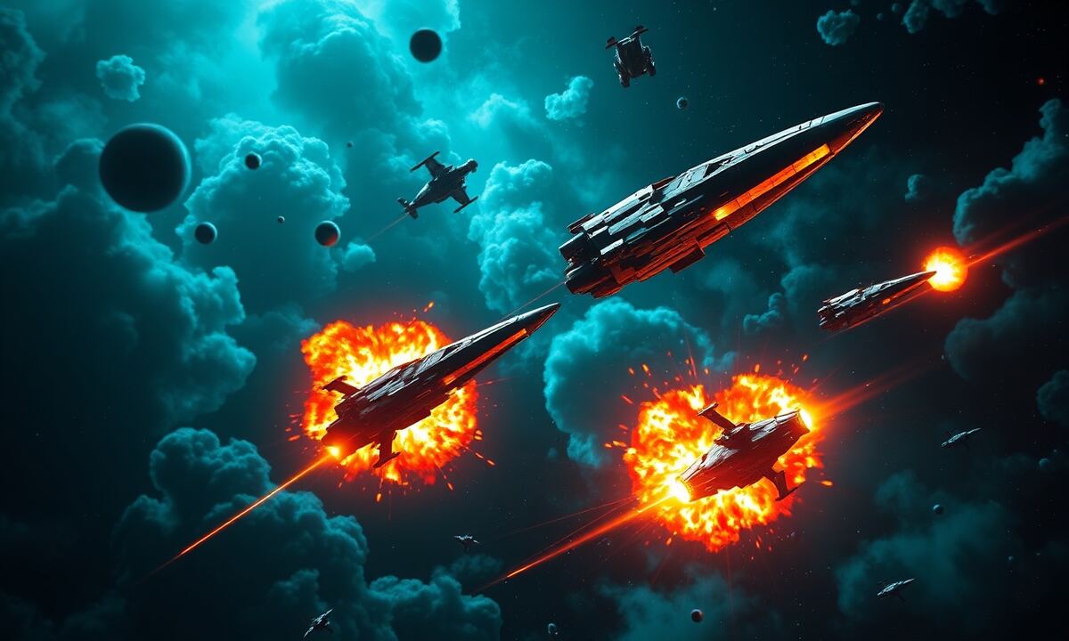 Two OGame space fleets in combat one with superior military tech overpowering the other in deep space