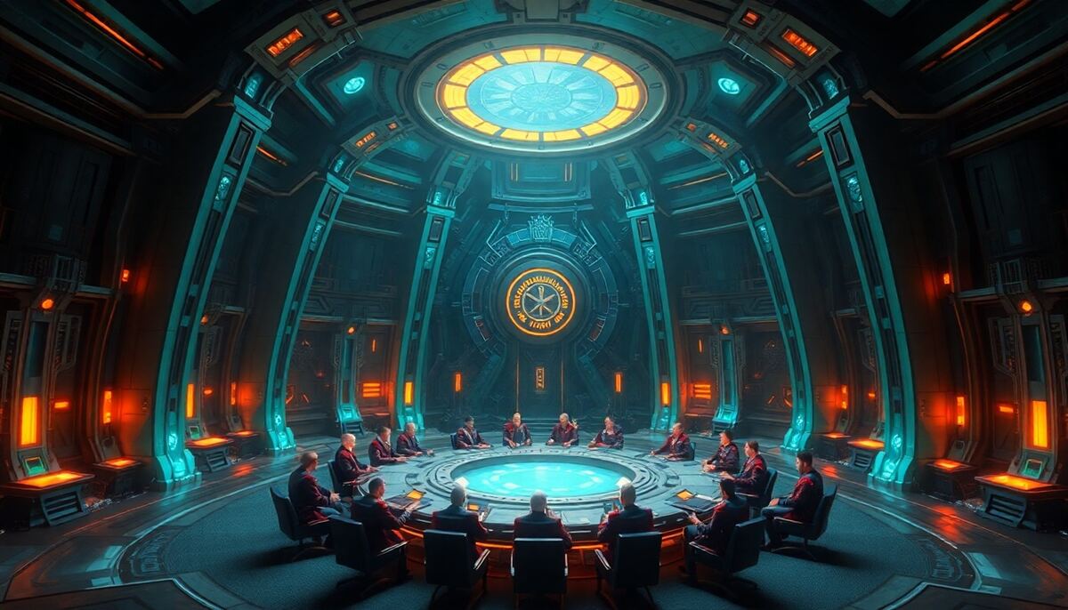 Episches Sci-Fi-Kommandozentrum einer Raumallianz mit taktischen Hologrammen und koordinierenden Sternenschiffen im Weltraum
