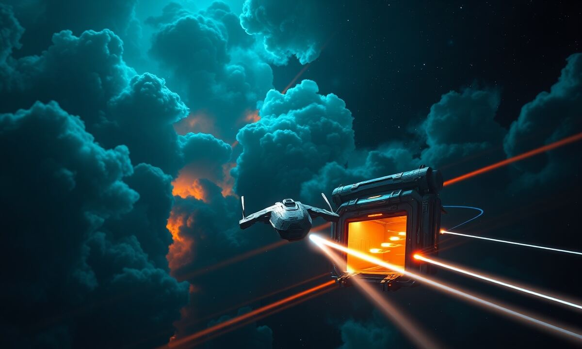 Spaceship arriving at a glowing space station docking bay in deep space