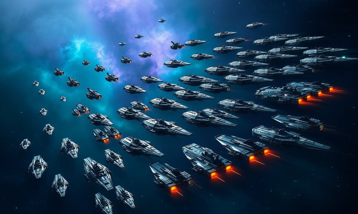 Massive armada of battleships and destroyers assembled in deep space