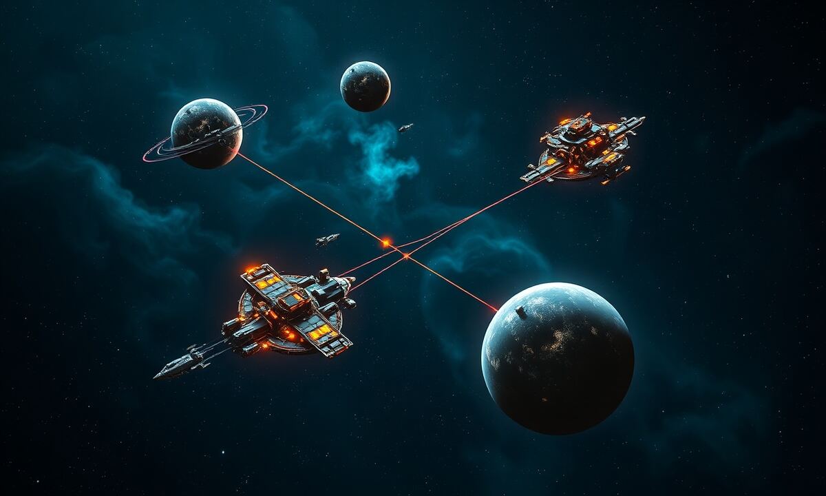 Multi-planet empire with connected fleet routes viewed from orbit