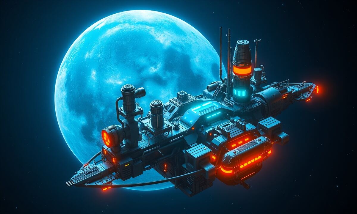 Advanced space research station with telescope arrays orbiting a glowing moon