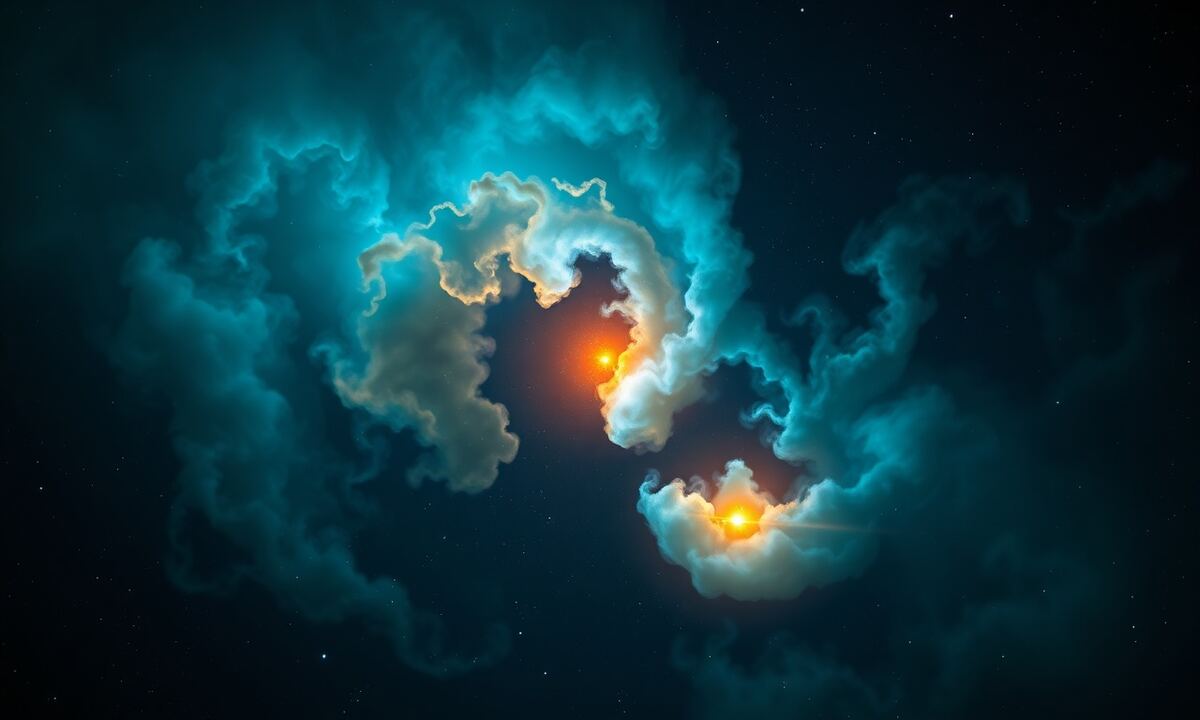 Glowing nebula forming a question mark shape in deep space