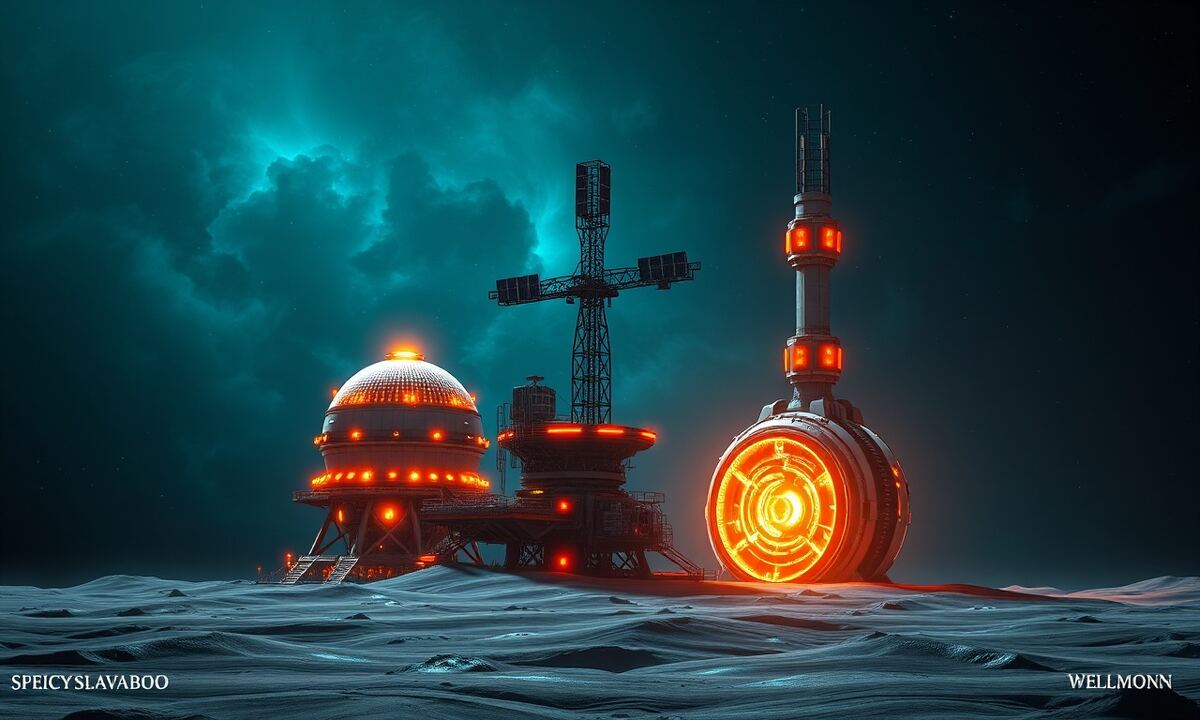Three OGame energy structures — solar plant, satellites, fusion reactor — on an alien colony