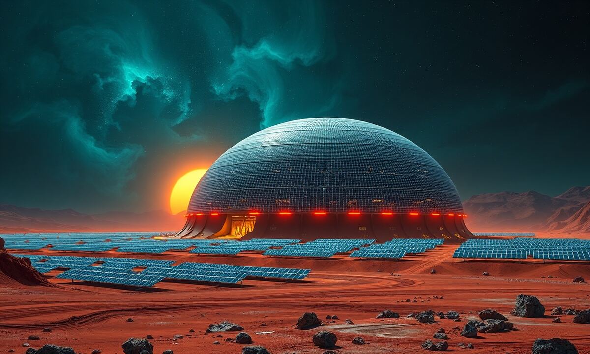 Colossal solar plant domed building on an alien colony planet surface
