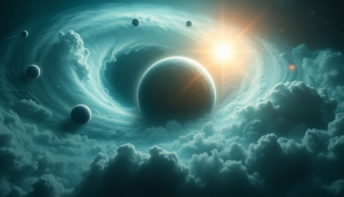 Newly forming planets in a teal and navy sci-fi galaxy at universe launch