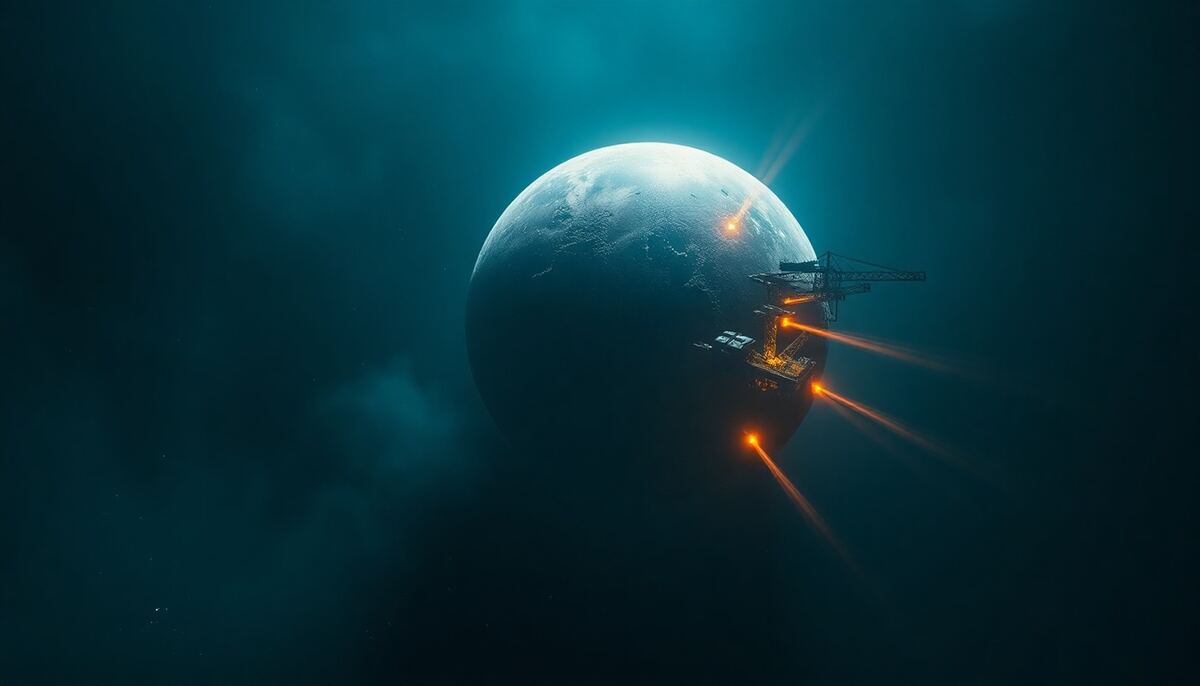 A colony planet with construction beams building mines in deep navy space