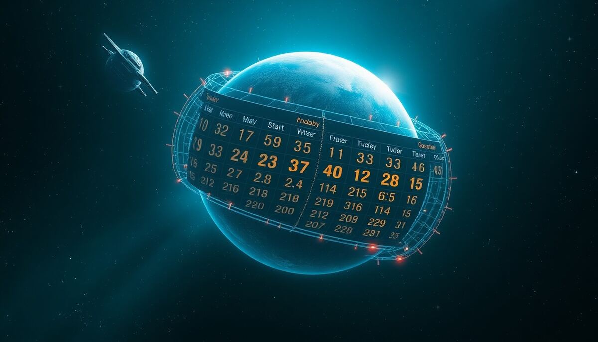 A holographic space calendar showing planetary progression milestones in teal and navy