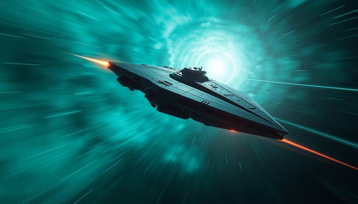 OGame battleship fleet-saving at high speed through a teal nebula